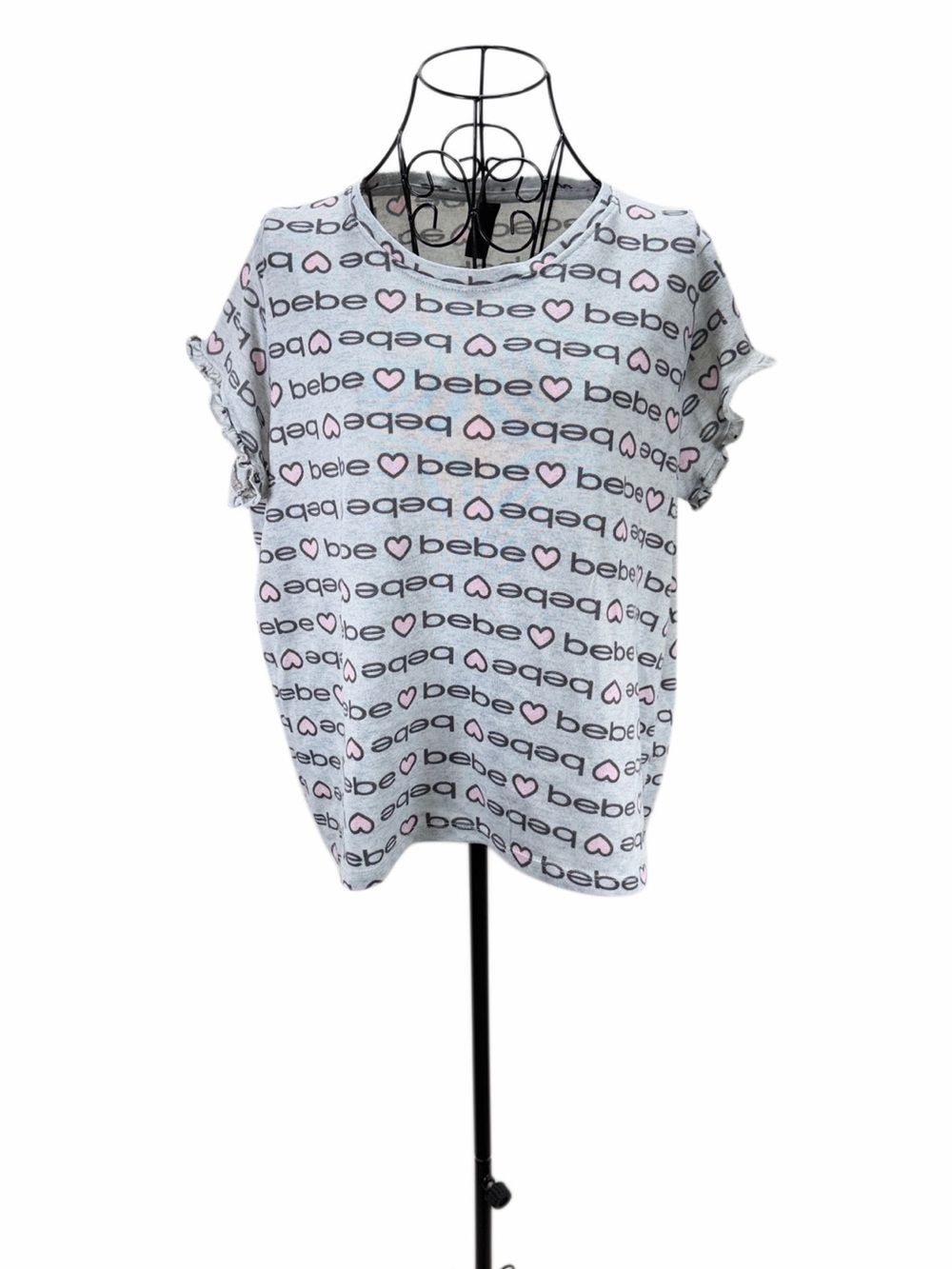 bebe Light Gray Logo & Pink Heart Short Sleeve Tee